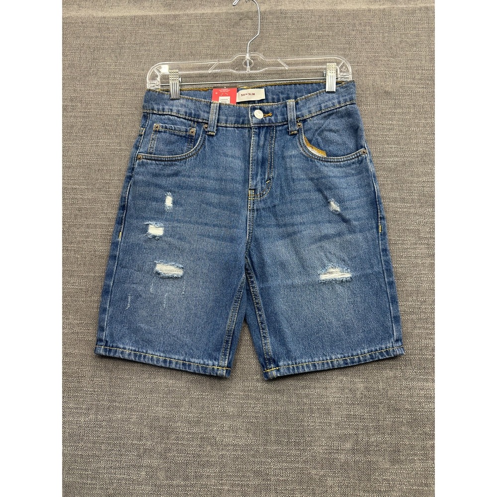 Levi's 511 Denim Shorts Boys 16 Regular Blue Cotton Mid Rise Slim Fit Distressed